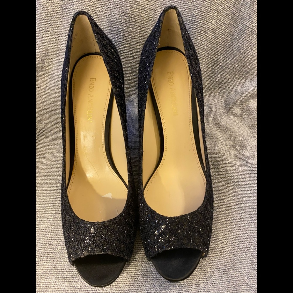 Enzo Angiolini black peep toe sequin heels.